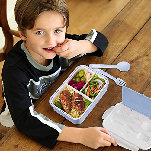 Thousanday Lunch Box For Kids & Adults, Bento Box With Spoon & Fork,Reusable 3-Compartment Divided Food Storage Container Boxes, On-The-Go Meal And Snack Packing(Blue) #TOP5