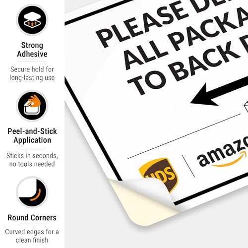 Image of Package Delivery Sign, Delivery Instructions Deliver All Package to Back Door Left Arrow Sign, 10x7 Inches, 4 Mil Vinyl Decal Stickers Weather Resistant, Made in USA