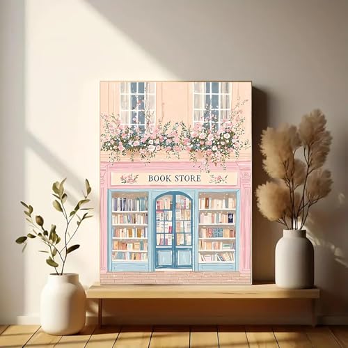 Image of Eiazuiks Stamping Cross Stitch Kit, Bookstore Counting Cross Stitch Kit for Adult Beginners, Full Line DIY Stitching Kit for Home Decor Cross Stitch Patterns 12x16 inches
