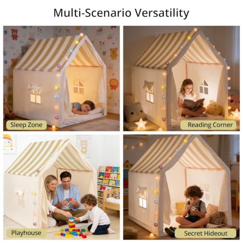 Anbte Kids Play Tent with String Lights Indoor, for 1-3 Kids, Beige Stripes - Image 5