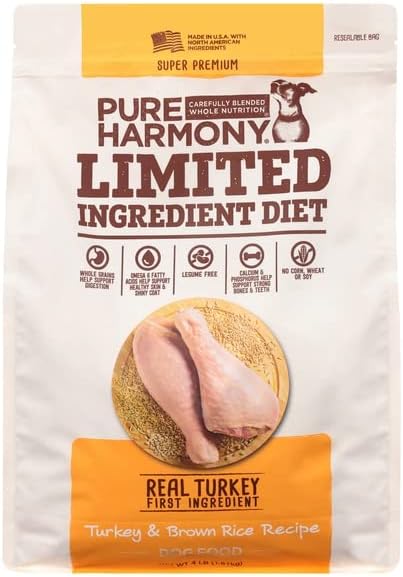 Pure Harmony - Alimento para perros, receta de pavo y arroz integral súper premium, dieta de ingredientes limitados, 64 onzas