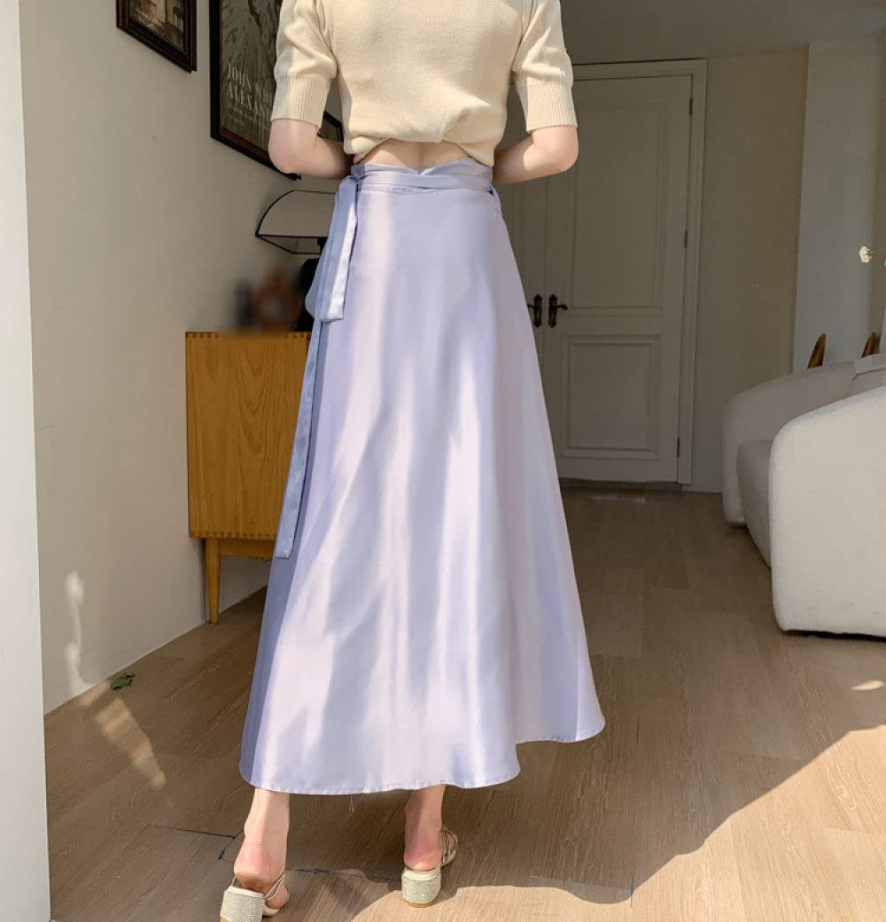 OZEO Rock Damen,Damen Flieder Satin Midiröcke Hohe Taille Schnürrock Überlappung Rüschen Wickelrock Sommer Schlitz Unregelmäßig A-Linie Swing Geraffte Elegante Lange Röcke Für Mädchen Damen,S