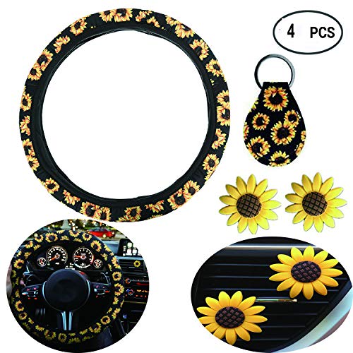 YoMaris Housse de Volant Sunflower pour Femme, Couvre-Volant en Tournesol avec Porte-clés Quart de Tournesol Bonus, Tournesol Car Cups Coaster et Car Vent, Accessoires de Voiture de Tournesol.