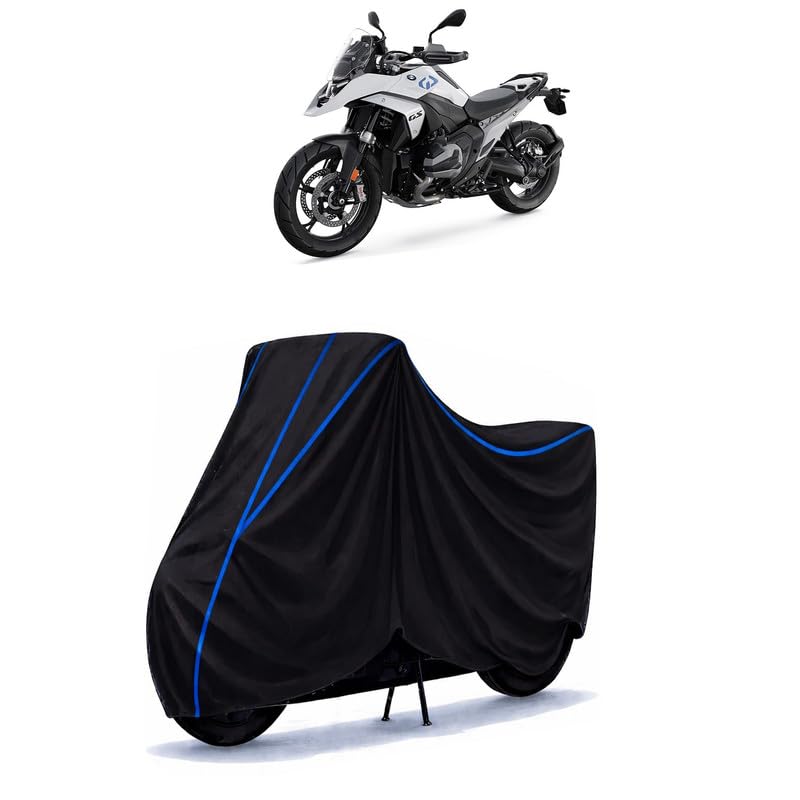 Image of R 1300 GS Adventure Bike Cover Water Resistant Universal Motorcycle Rain | Heavy Duty UV Protection, Dust, Scratch Indoor Outdoor All Weather with Black Blue Piping Elastic