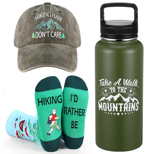 Mumucove 3 Pcs Hiking Gifts Hiking Hat 32oz Hiking Green Stainless Steel Tumbler Water Bottle with Spout Lid Funny Hiking Socks for for Men and Women Hiking Golfing Sports Lovers Gifts