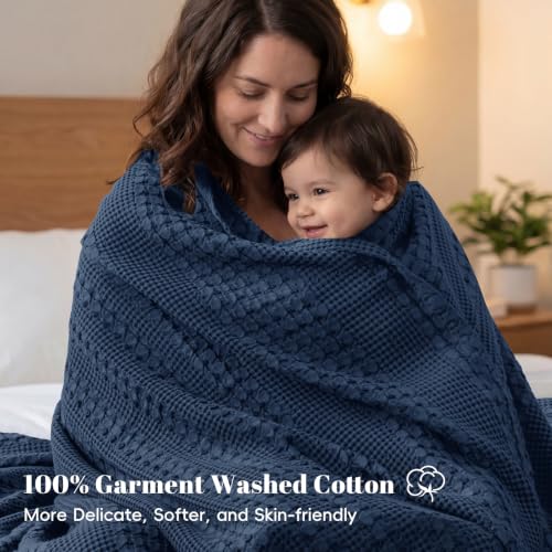 Image of PHF 100% Cotton Waffle Blanket Twin Size for College Dorm, Lightweight Breathable and Soft for Summer, Luxury Aesthetic Waffle Weave Blanket for Bed & Gifts for Women, 66 inchx90 inch, Blue Sapphire