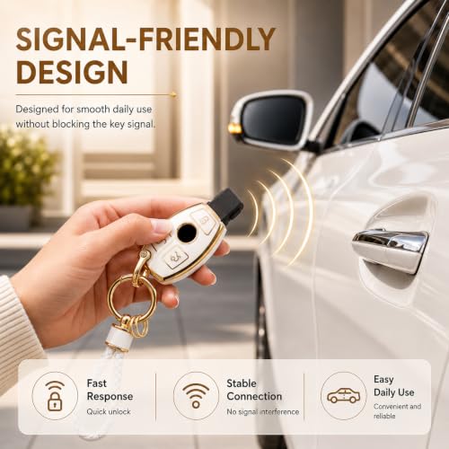 Image of for Mercedes Key Fob Cover with Metal Braided Rope Keychain for Benz Accessories, Upgraded Soft Key Case for Class Mercedes Benz (3 Button only) (Gold Edge)