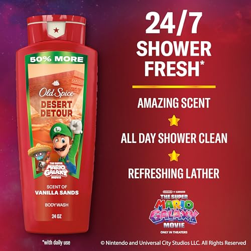 Image of Old Spice Body Wash for Men, x The Super Mario Galaxy Movie, 3X Defense, 24 /7 Shower Fresh with Long Lasting Scent, Smell Super with Desert Detour, Vanilla Sands Scent, 24 oz