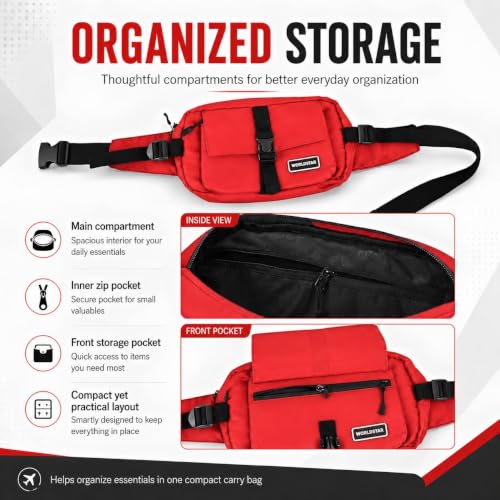 Image of WORLDSTAR Premium Red Waist Bag for Men & Women | Adjustable Crossbody Sling Chest Bag with Multi-Pocket Storage | Lightweight Travel Fanny Pack for Daily Use, Walking, Shopping & Commuting