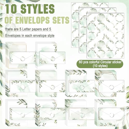 Image of TaoBary 160 Pcs Stationery Paper Set 50 Double Sided Stationery Papers with 50 Matching Envelopes and 60 Round Dot Sticker, 10 Design(Green Leaves,8.5 x 11 Inch)