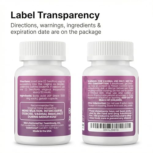 Image of Seroflora Boric Acid Vaginal Suppositories for Women, for Vaginal Odor, 30 Count, 600mg. Made in the USA