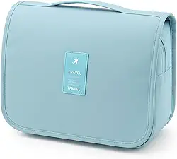 Nécessaire Organizadora de Viagem com Gancho – Bolsa Dobrável Impermeável com Divisórias para Higiene Pessoal, Maquiagem, Cosméticos – Unissex Compacta (AZUL CLARO)
