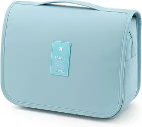 Nécessaire Organizadora de Viagem com Gancho – Bolsa Dobrável Impermeável com Divisórias para Higiene Pessoal, Maquiagem, Cosméticos – Unissex Compacta (AZUL CLARO)