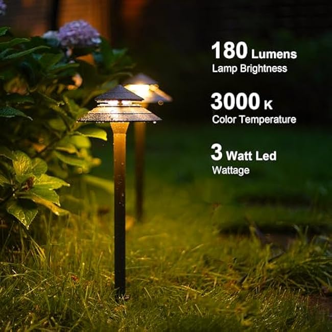 GOODSMANN Pathway Lights 3W LED 2PK Outdoor Low Voltage Landscape Lighting 180 Lumen Hardwired 2 Tier Pagoda Path Lights 3000K Warm White Metal 12V Electric Sidewalk Walkway Light with Connectors