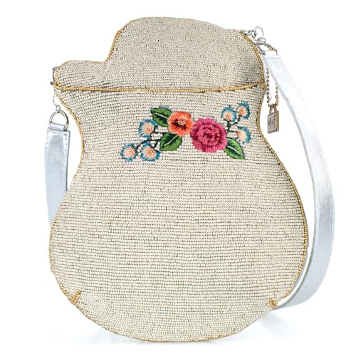 Mary Frances Metallic Melody Beaded Crossbody Handbag Guitar-Shaped Novelty Evening Purse, Silver2