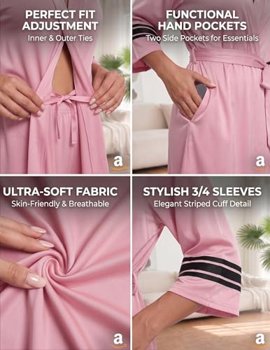 Image of Ekouaer Womens Robe Lightweight 3 /4 Sleeve Soft Knit Bathrobe Sleepwear | Ultra-soft knit fabric, 3 /4 sleeves with striped cuffs, 2 side pockets, a belt, knee-length hem. A top choice for Loungewear.