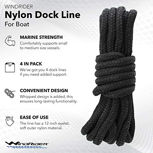 Dock Lines For Boats - 4 Pack Of 3/8" X 15 Ft Double Braided Nylon Rope With 12-Inch Eyelet Whipped Ends – Marine Lines Grade Black Rope For Docking, Mooring, And Securing Boats #TOP1