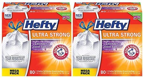 Hefty Ultra Strong Trash Bags, Tall Kitchen Drawstring, Lavender Sweet Vanilla, 13 Gallon, 80 Count (2 Boxes)