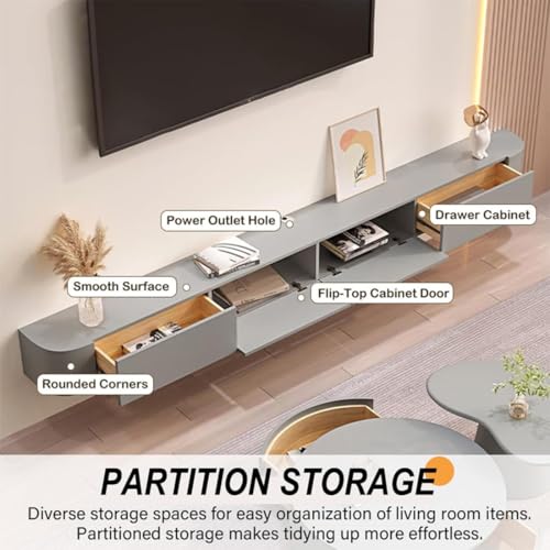 Image of Floating TV Stand Wall Mounted - Wall Entertainment Center with Flip-Down Doors & Drawers, Modern Hanging TV Shelf for Living Room, Media Console for 65 /75 80 Inch TVs (Grey, 71IN /180CM)
