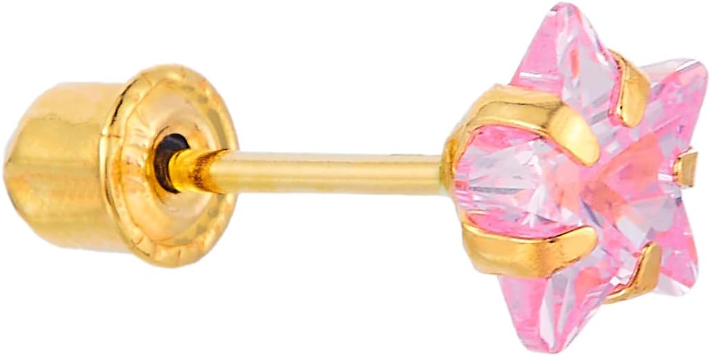 14k REAL Yellow Gold Peg Head Set Pink Star Solitaire CZ Stud Earrings with Screw Back - Image 2