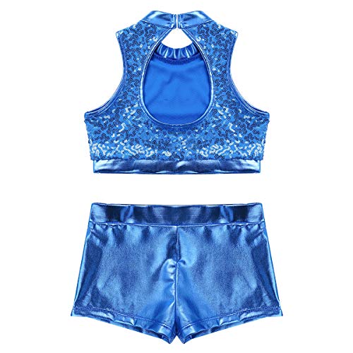 Image of easyforever Kids Girls 2PCS Shiny Mermaid Scales Ballet Dance Outfit Crop Top with Short Tankini Swimsuit
