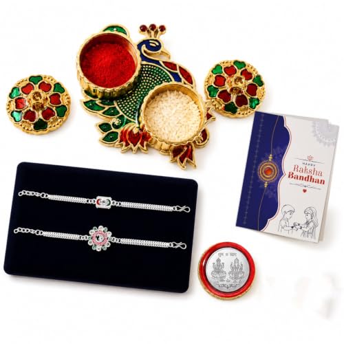 Image of Oblivion Peacock Pooja Thali with Rakhi Set for Brother - Rakhis for Brother Set of 2, Om Floral Design with Silver Colour Pooja Coin & Greeting Card - Raksha Bandhan Gift Combo