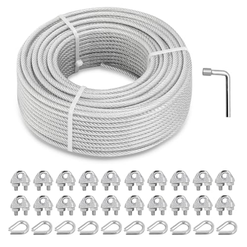 hannger 5MM câble d'acier, Kit de tension de câble d'acier de 30M avec âme de 7×7 brins enduit...