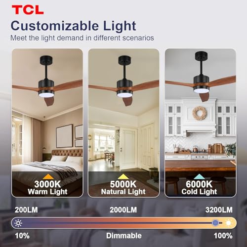 Image of TCL Ceiling Fans with Light and Remote: 60 inch 3 Wooden Blades 3 Dimmable LED Fan for Room Indoor Modern Farmhouse Decor - 6 Speed Memory DC Reversible Fan Lights (Walnut, 60 Inch)