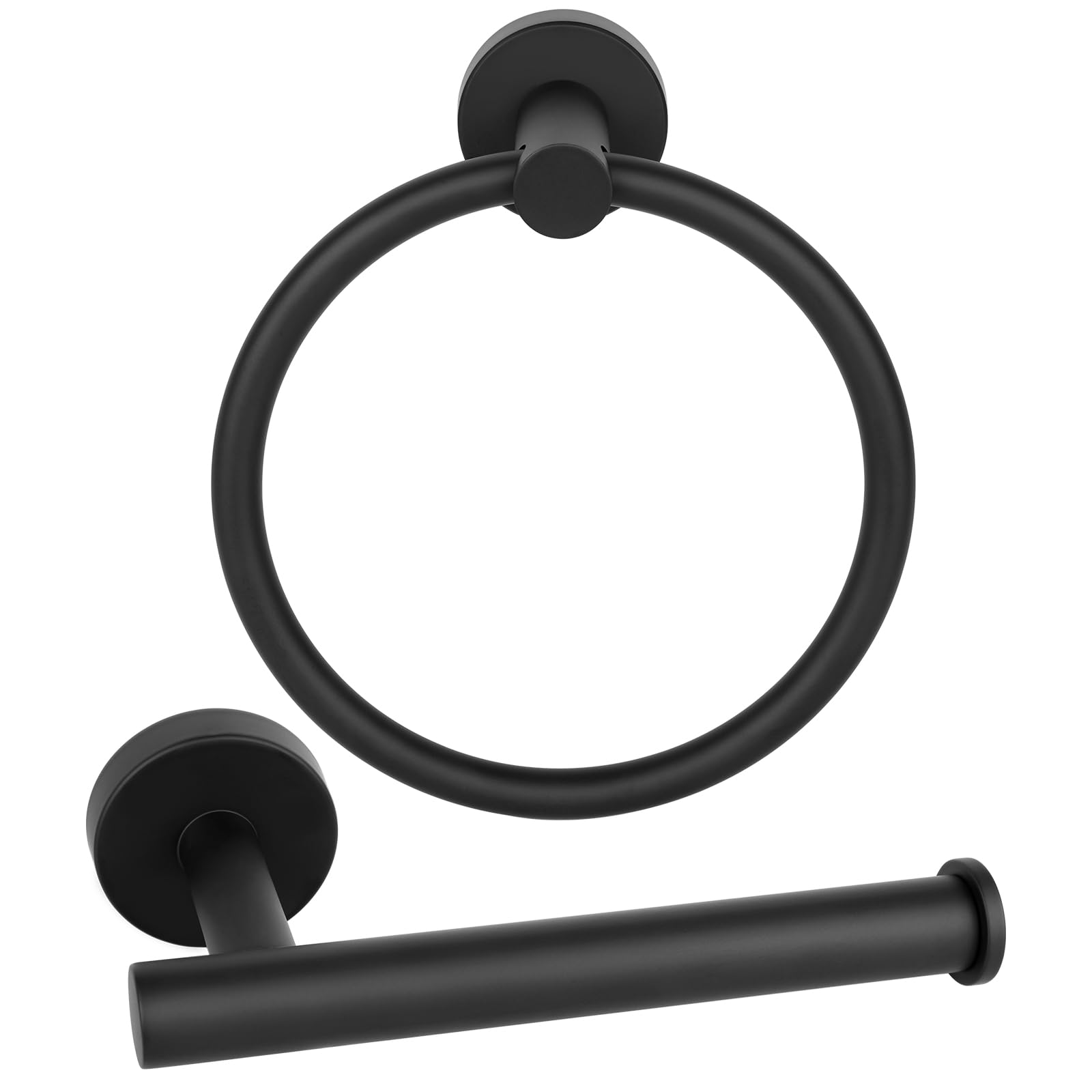 YUET Toilet Roll Holder and Towel Ring Set – Matte Black SUS304 Stainless Steel, 2-Piece Bathroom Hardware Kit with 180° Swivel Towel Holder, Wall Mounted Loo Roll Holder, 22mm Fixing Centres