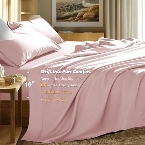 Shilucheng 100% Egyptian Cotton King Size Sheets Set - 1000 Thread Count,Luxury Cotton Bed Sheets,Breathable & Cooling Bedding and Pillow Cases, 16 Inch Deep Pocket - 4 Piece (Pink, King)