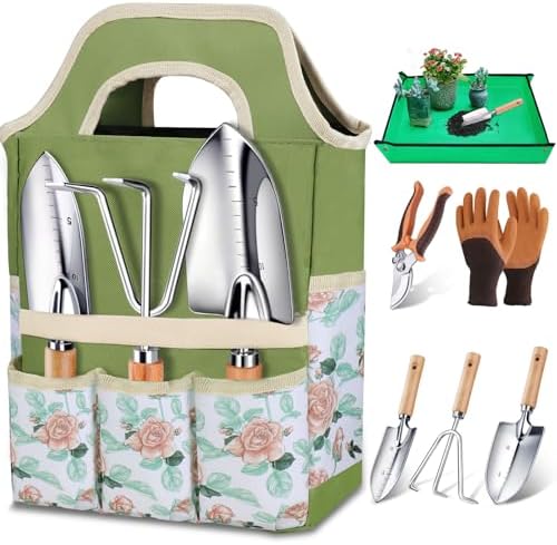 Kynup Kit Jardinage 7 en 1 avec Poignée Bois Anti-Dérapante, Outils Jardin Professionnels Acier Inoxydable avec Tapis de Rempotage, Sac de Transport, Cadeau Pratique pour Jardinière/Mère
