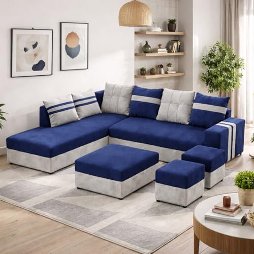 Image of Stova Luxe Velvet-Suede Fabric 8 Seater LHS L Shape Sofa Set | with 2 Ottomans & Centre Table| Comfortable & Spacious Seating | Modern Sofa Set for Living Room - Light Grey & Dark Blue