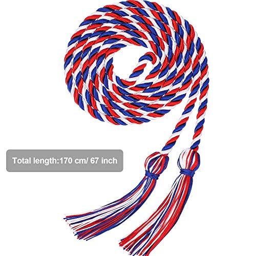 Image of TecUnite Graduation Cords Honor 2026 Polyester Yarn Decorative 67 inch Long Garland Twist Ties with Tassels for Bachelor Gown Graduation(Blue Red with White)