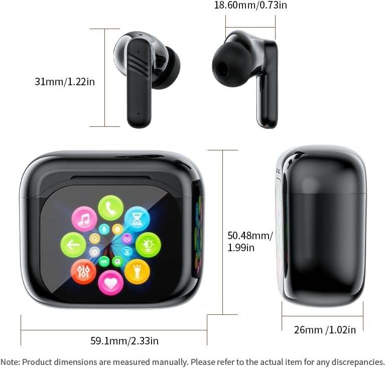 Dimensions of the LX-50 earphones and charging case in millimeters and inches.