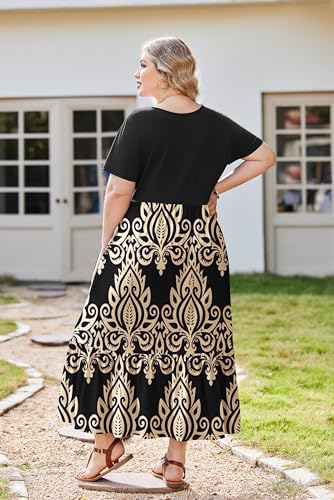 Image of IN'VOLAND Women Plus Size Short Sleeve Dress Loose Plain Casual Summer Flowy Tiered Long Maxi Dresses with Pockets