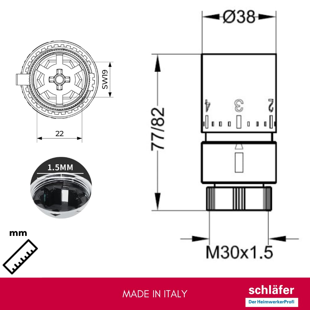 Schläfer 37040300 | Valvola Design Termostatica Nero Opaco per Termosifoni, Testina di Comando per Radiatore Sensibile a liquido, Manopola con Regolazione intervallo Temperatura, Attacco M30x1,5