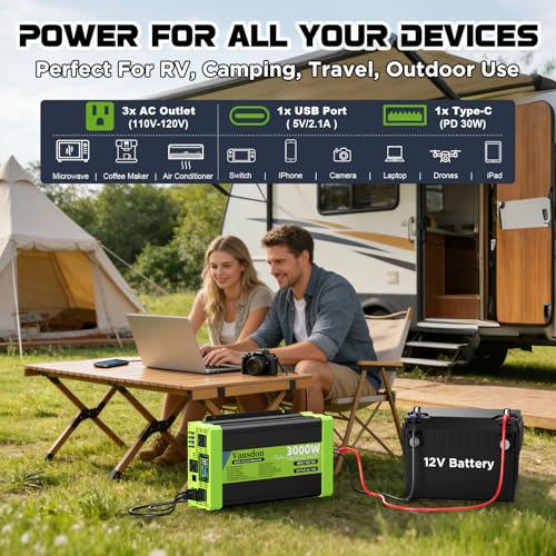 Vansdon 3000W Pure Sine Wave Inverter 12V DC to 120V AC Power Inverters for RV,Truck, Solar, Home, Off-Grid, Car with LCD Display, 3 AC Outlet, 30W USB-C, 5V 2.1A USB,Remote Control, Surge 6000W - Image 5