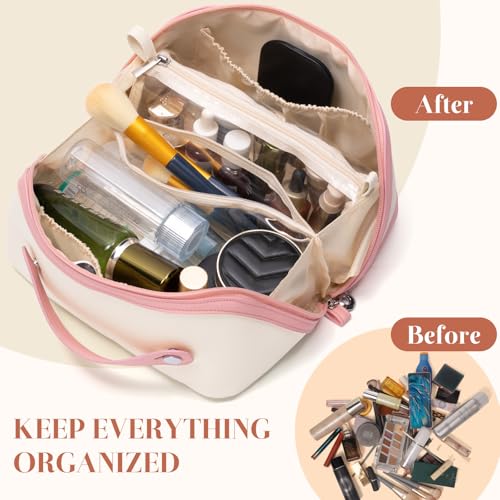 Travel Makeup Bag 3-Set, Large Capacity Cosmetic Bag - PU Leather Waterproof Toiletry Bag for Women, Wide Open Portable Make Up Organizer Bag with Handle and Divider2