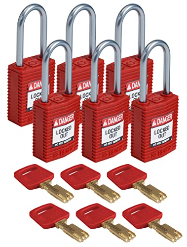 Image of Brady CPT-RED-38AL-KD6PK SafeKey Padlock, Red, 3.0 in H x 1.25 in W x 0.75 in D, Set of 6 Pieces