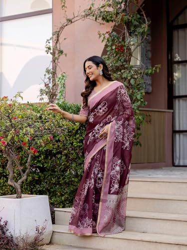 Image of SIRIL Women's Printed Cotton Linen One Minute Ready to Wear Saree With Unstitched Blouse Piece