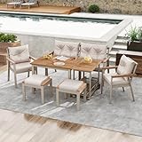 Merax Salon de jardin pour 6 à 7 personnes avec table, 2 chaises, 2 tabourets et canapé 2 places, plateau de table en bois d'acacia, cadre en acier galvanisé, pour terrasse, jardin, balcon, beige