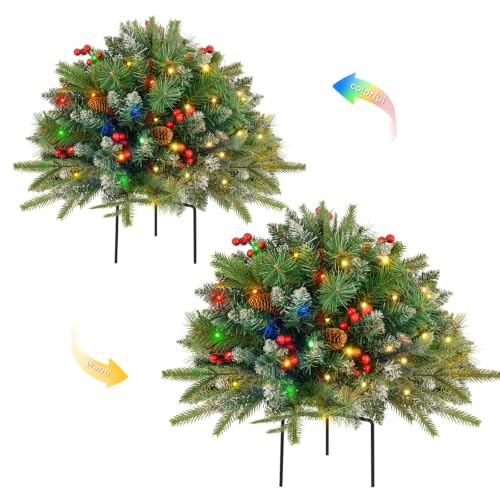 Christmas Tree Urn Filler Battery Operated with Timer Pre-lit Warm White & Multi-Color Changing LED Lights Artificial Xmas Tree for Porch Pathway Yard Outdoor Holiday Decoration (2 with Snow)