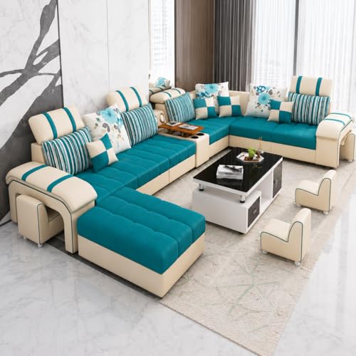 Image of Torque Galster 12 Seater Sofa Set for Living Room (Teal) | Interchangeable U Shape Sectional Sofa with Cup Holder & Storage | Solid Wood Frame & High-Density Supersoft Foam | Includes Puffy & Stool