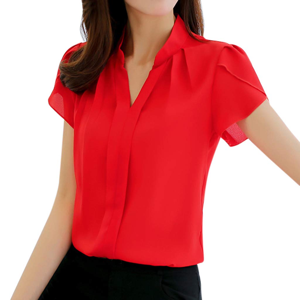 Women Summer Work Office V Neck Short Sleeve Solid Chiffon Blouse Plus Shirt Top
