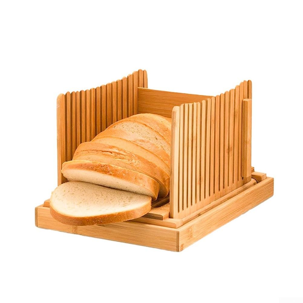 DAZZLEEX Cortador de pan de madera, tabla de cortar pan plegable de madera con bandeja para recoger migas para pan, tostadas（Wave)