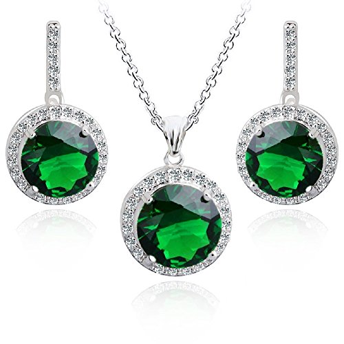 Preisvergleich Produktbild Rund Grüner simulierter Smaragd Österreichische Zirkonia Kristalle Schmuck-Set Halskette Anhänger 45 cm Ohrringe 18 kt Weiß Vergoldet