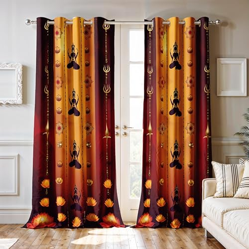 Image of Ultimate Trends Festival Themed Light Filtering Polyester Curtain Diya, Lantern, Lotus & Fireworks Print | Ideal for Diwali, Pooja Room, Living Room Dcor | Eyelets|, 9 FEET (Pack of 1)