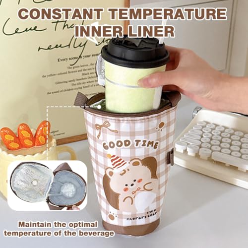 Image of HASTHIP Water Bottle Bag Thermal Drink Carrier Bag Cartoon Cup Bottle Cooler with Handle, Thermal Takeaway Drink Insulation Tote with Zip-up Top & Straw Hole