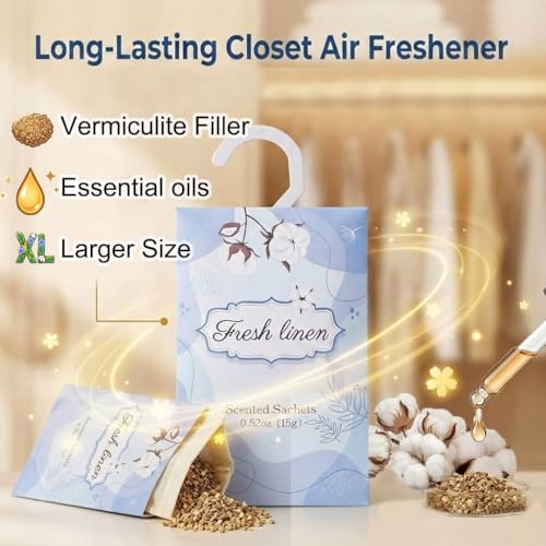 Image of 12 Packs Fresh Linen Hanging Scented Sachets for Drawers and Closets with Retractable Hook| Long-Lasting Closet Air Freshener & Closet Deodorizer | Closet Scent Freshener (Fresh Linen)