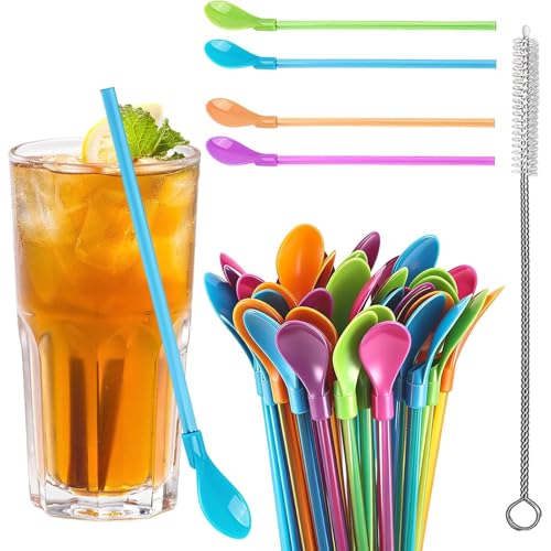 20 Stück Strohhalme Löffel Wiederverwendbar 2-in-1 Slush Strohhalme Inkl. Reinigungsbürste für Slush Cocktail und Milchshake